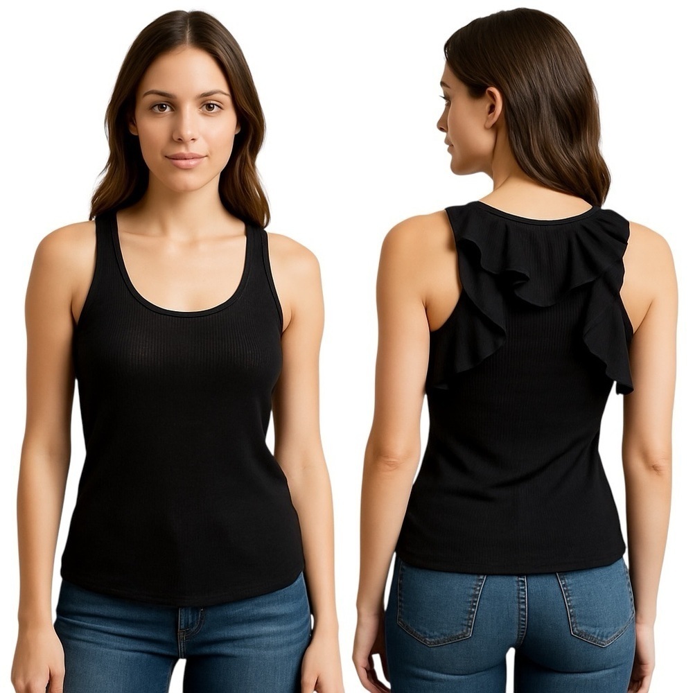 Chaser Black Ribbed Cold Shoulder Ruffle Top Sheer Feminine Boho Size XS